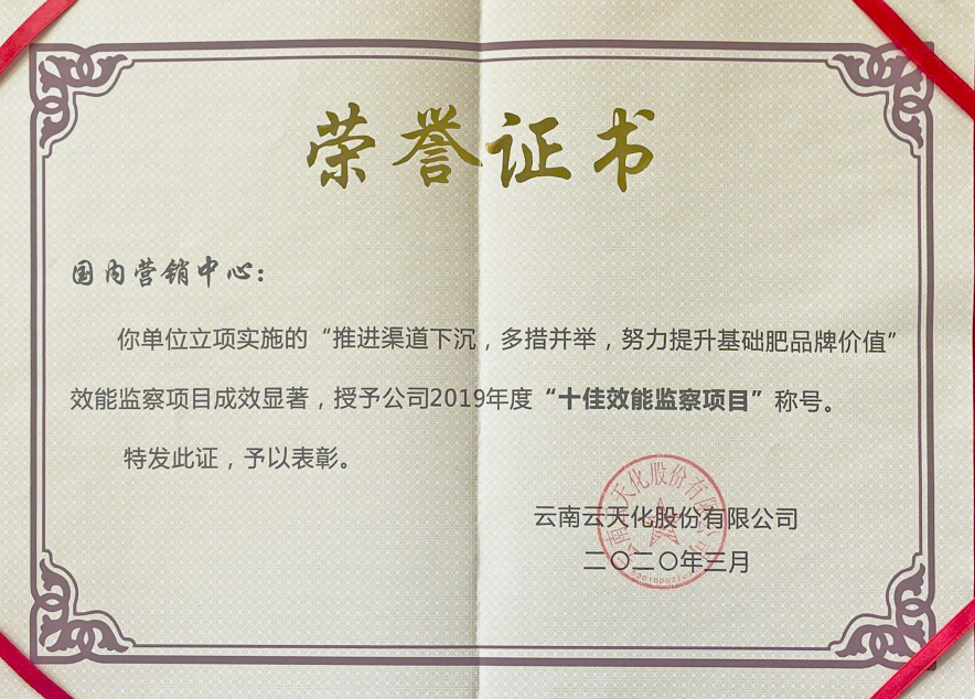 農資-2019-股份“十佳效能監(jiān)察項目”...
